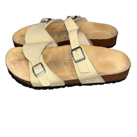 Birkenstock Shoes - Birkenstock Birki's Aziza Yellow & White Two Strap Slides Sandals 39 8 Narrow